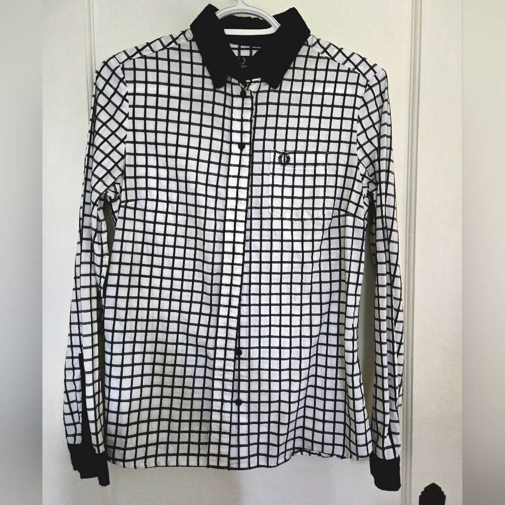 Fred Perry Women's White Window Pane Long Sleeve Shirt Preppy Checkered